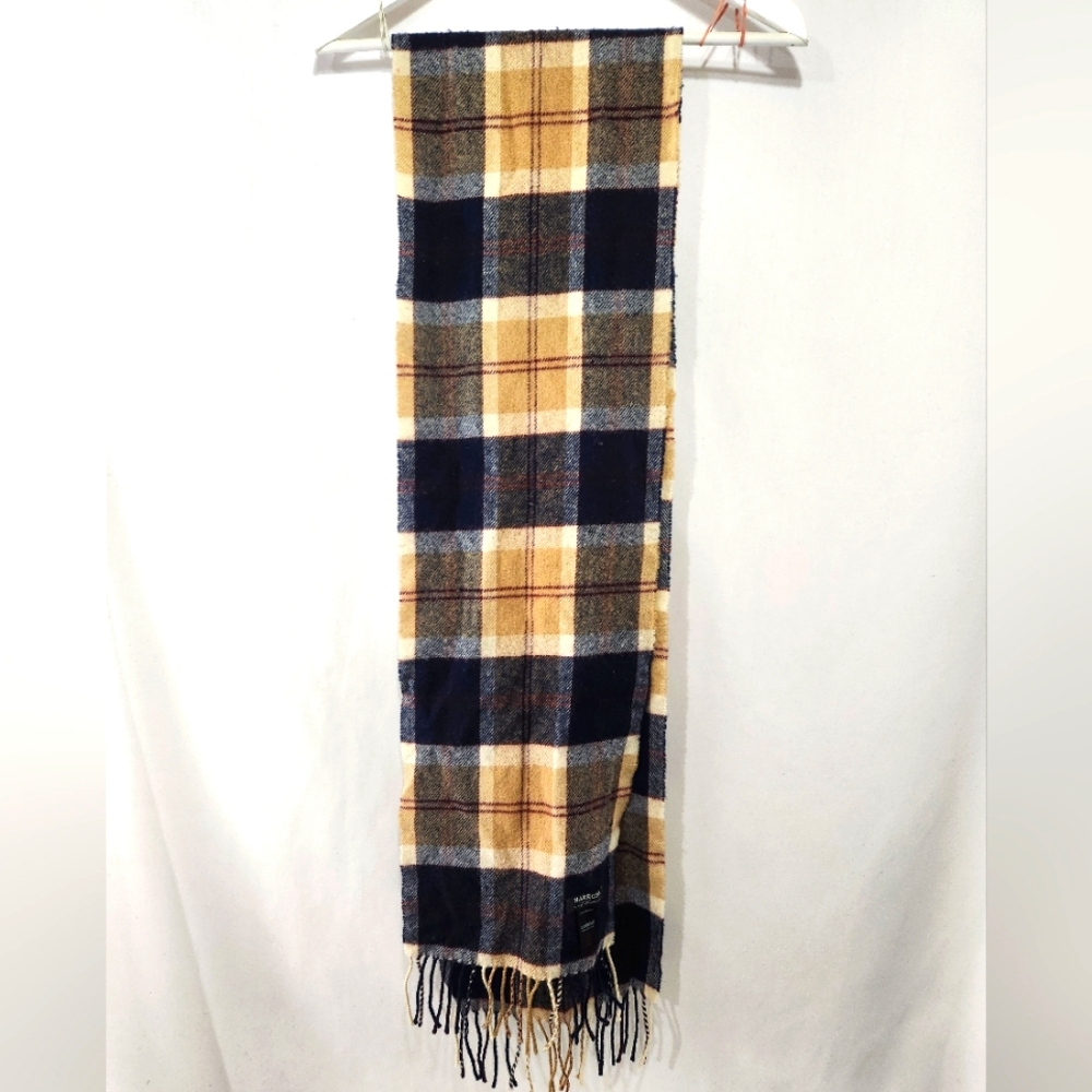 Classic HARRODS OF LONDON Tartan Plaid Navy Blue Beige 100% Lambswool Scarf 69"